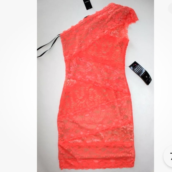 Bebe One Shoulder Lace Bandage Bodycon Dress S Bright Coral Pink NWT - Picture 10 of 14